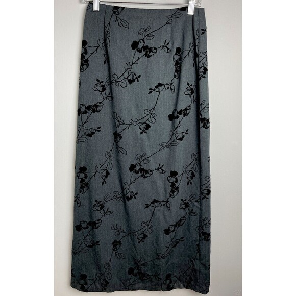 Women's IN MODA Pencil Skirt Long Gray w Black Velvet Roses Size 9 Made USA VTG - Picture 1 of 6